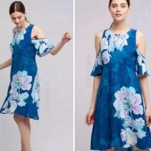 Maeve Anthropologie Elia Cold Shoulder Blue Floral Knee Length Dress size 8